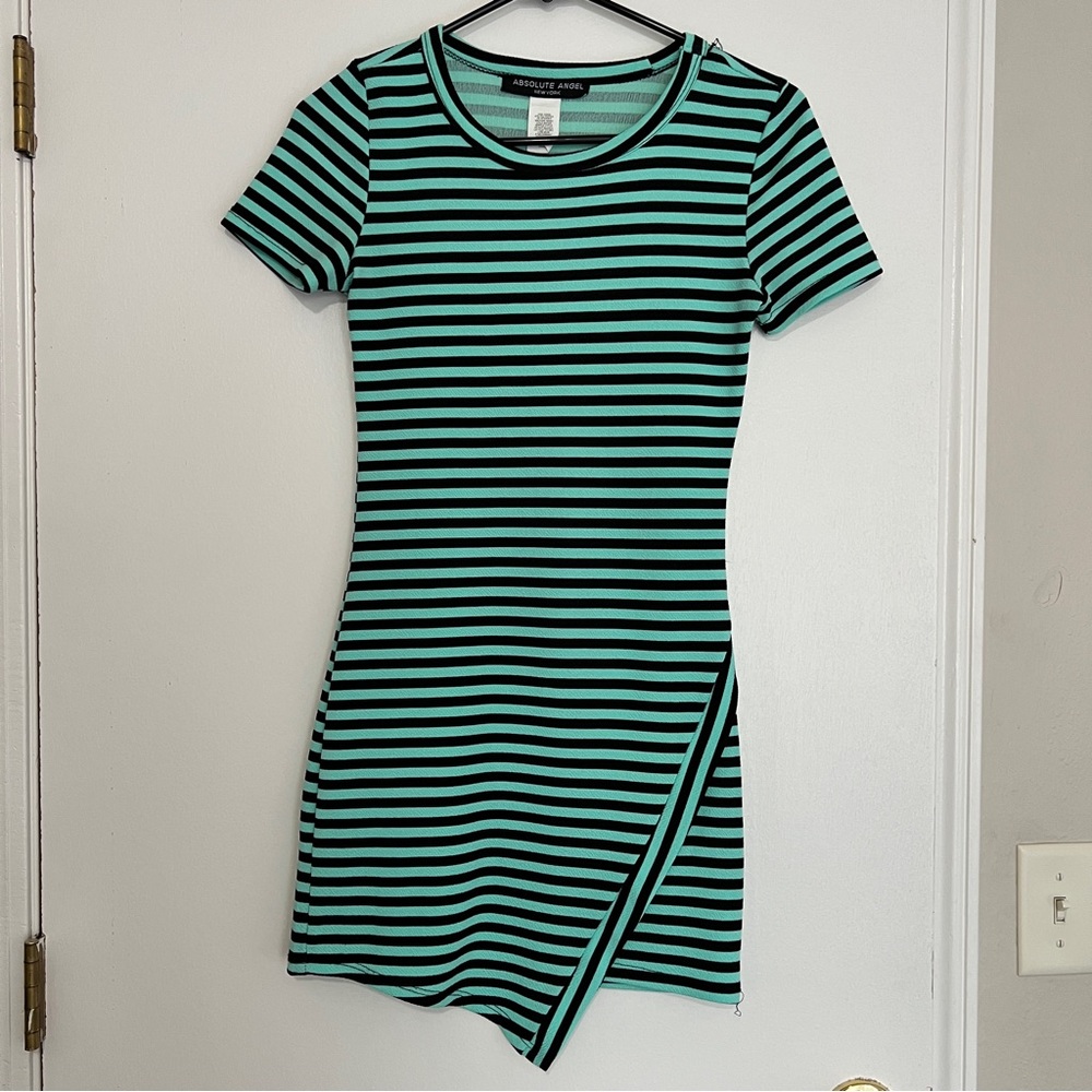 Absolute Angel | Green and Black Striped Asymmetrical  Dress